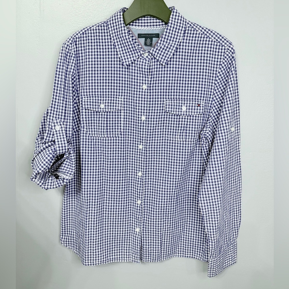 #12)  Tommy Hilfiger Navy and White Plaid Shirt with roll up sleeve